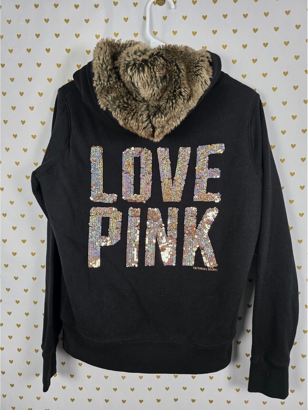 Victoria’s Secret PINK LOVE PINK Sequin BLING Faux Fur Zip Hoodie S Rare